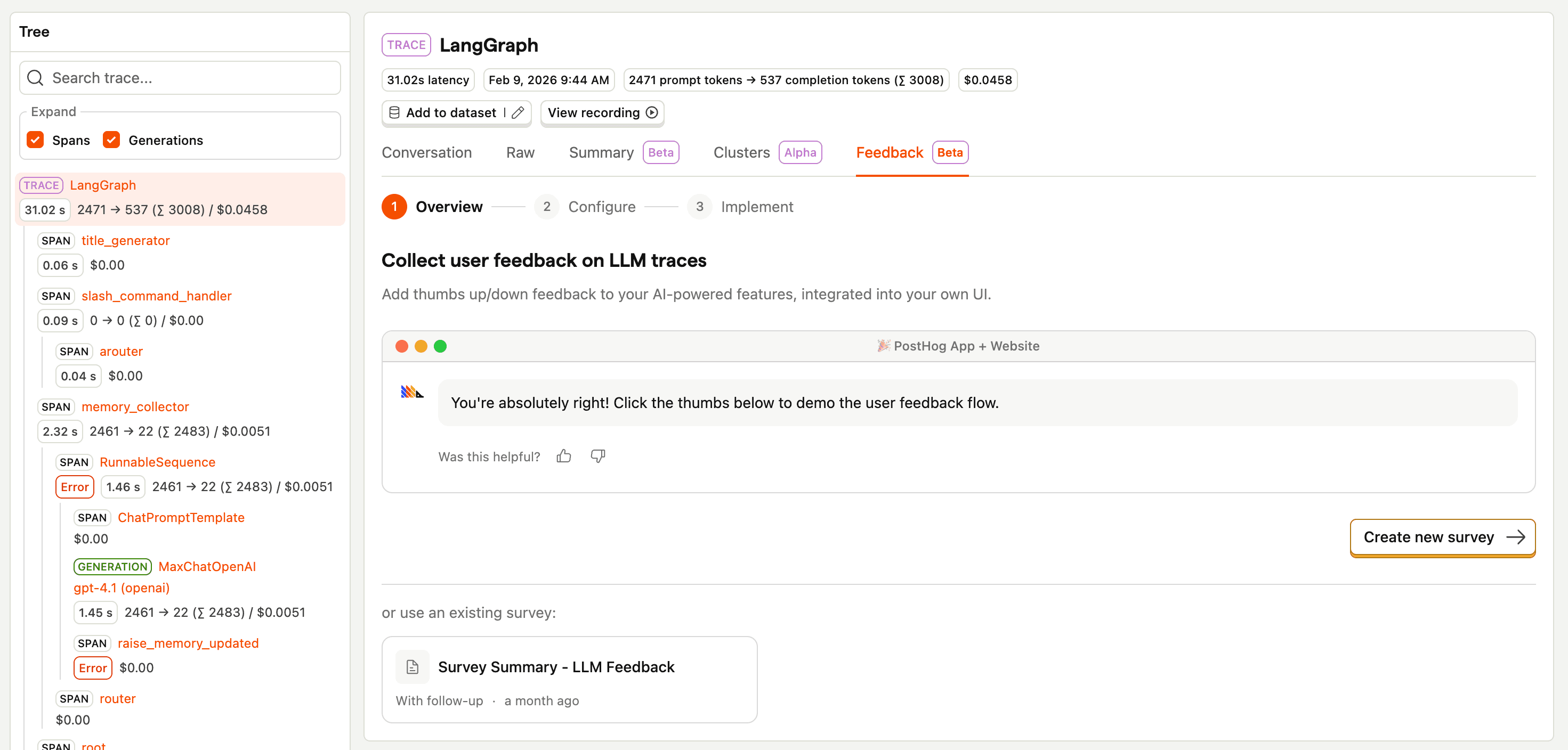 LLM trace Feedback tab