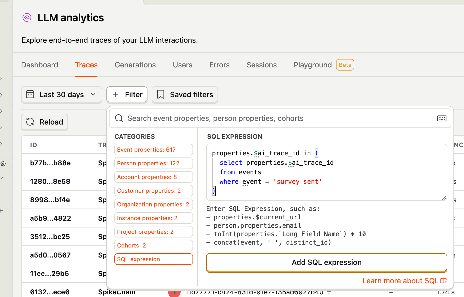 SQL expression for filtering LLM traces with feedback