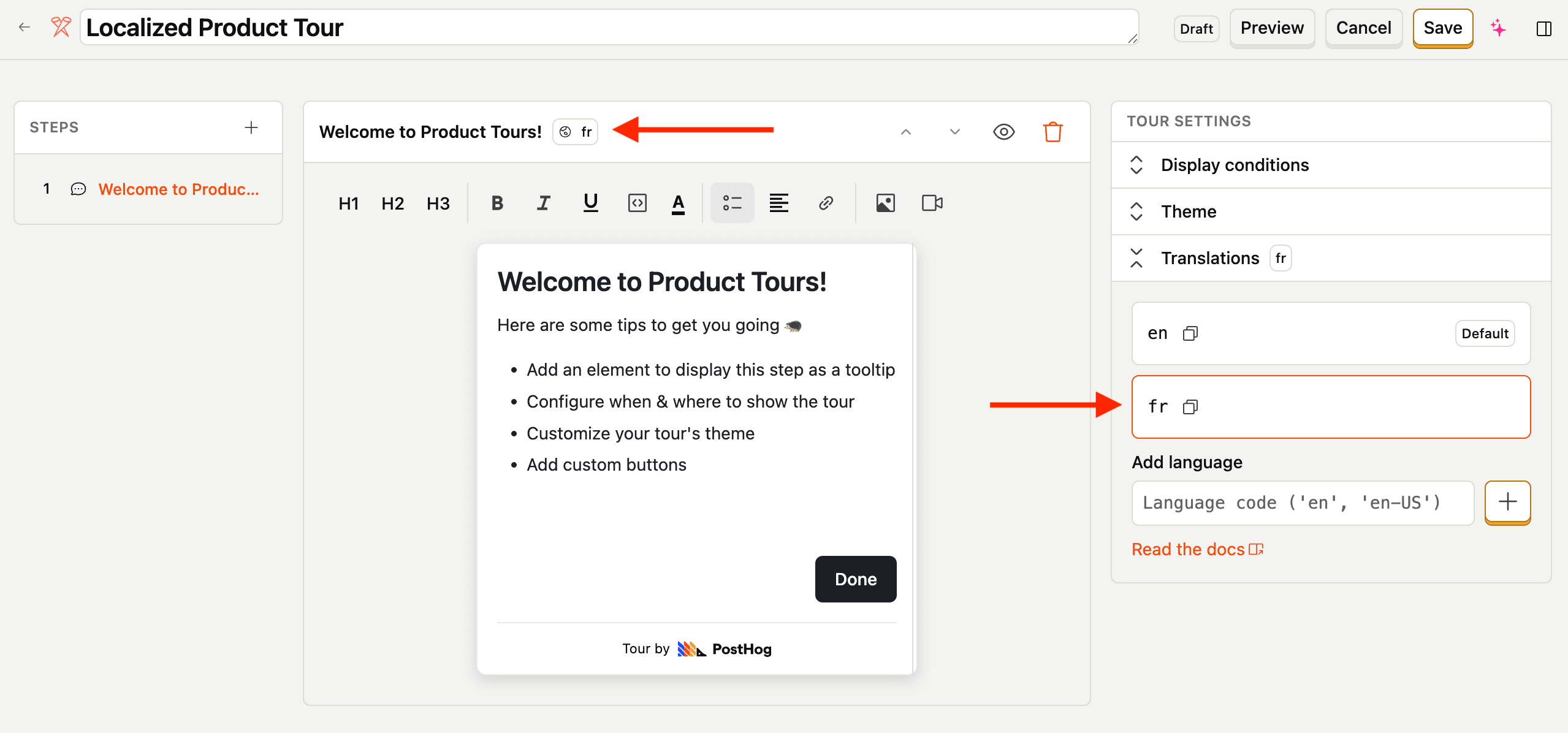 Product Tour Translations panel
