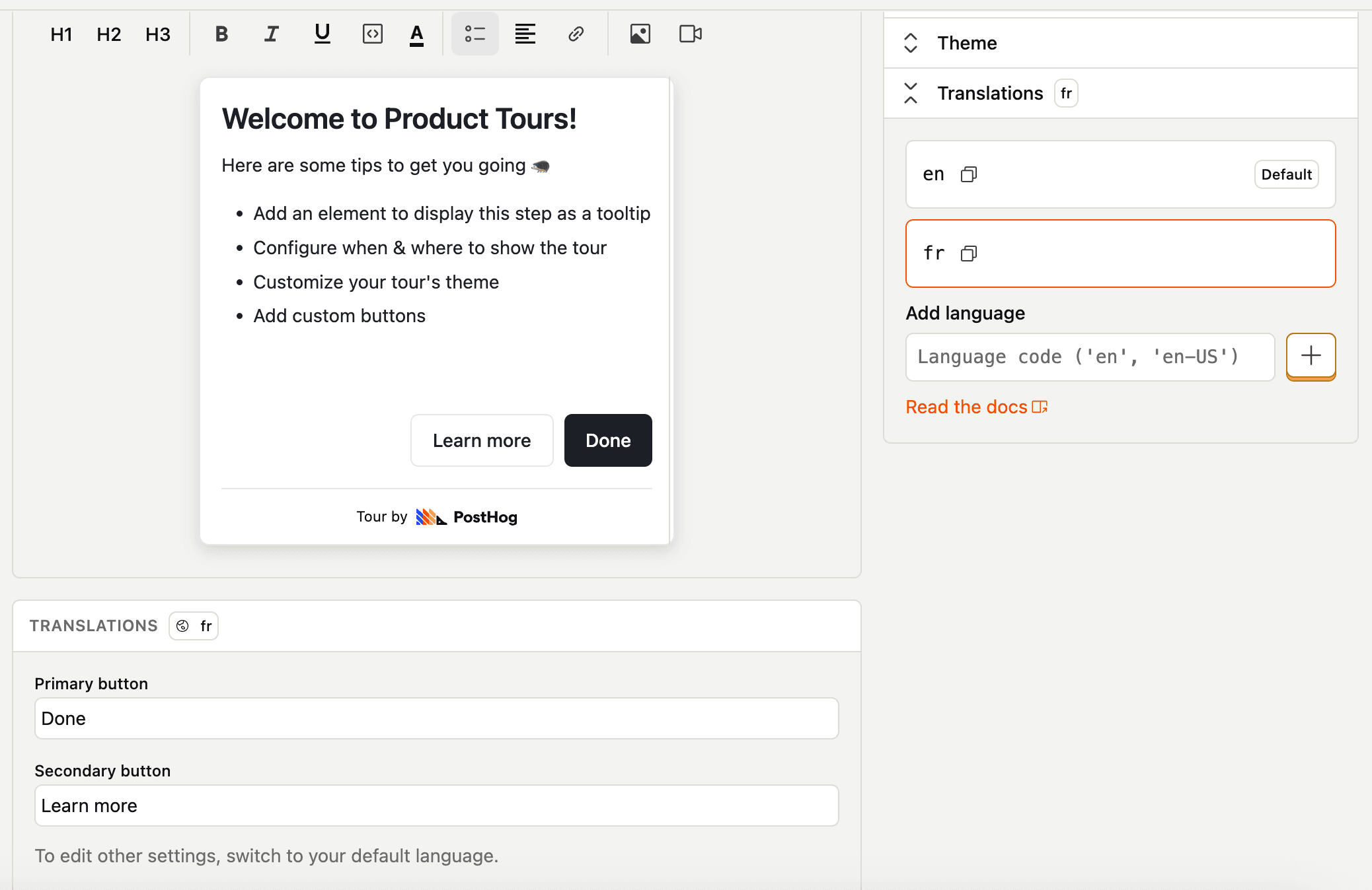 Product Tour Translations panel