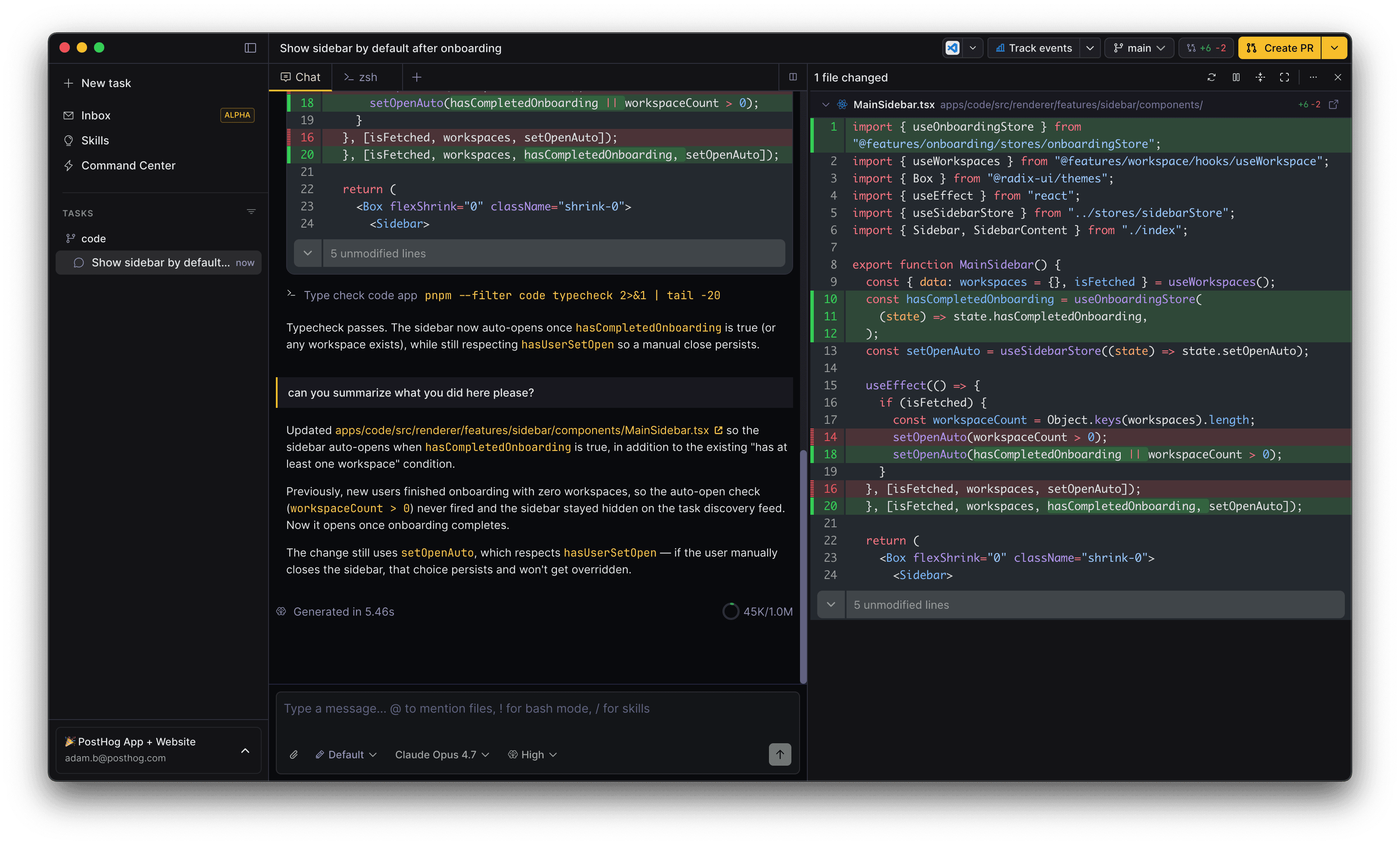 Diff panel in split view next to a task