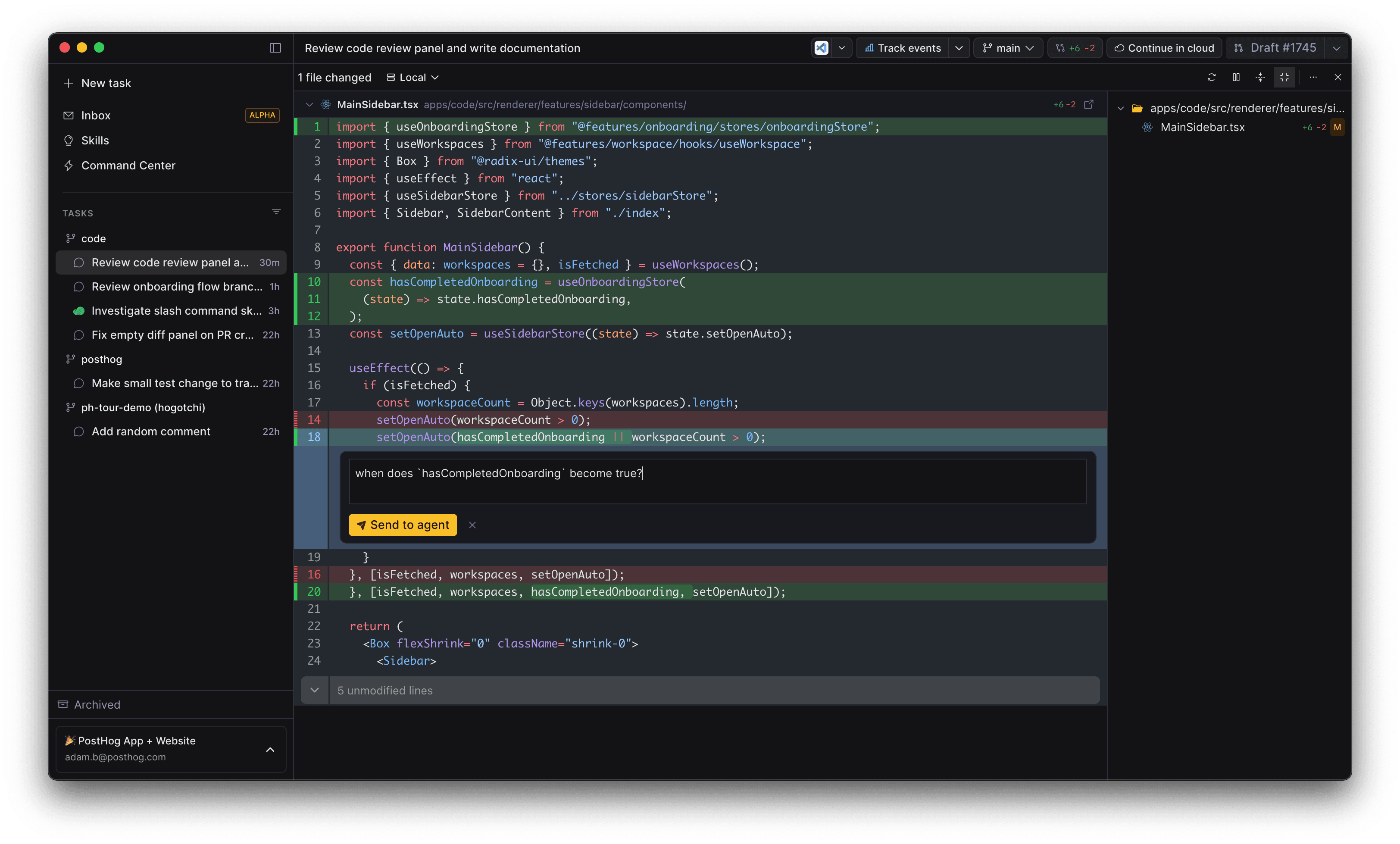 Inline comment box on a selected range of diff lines