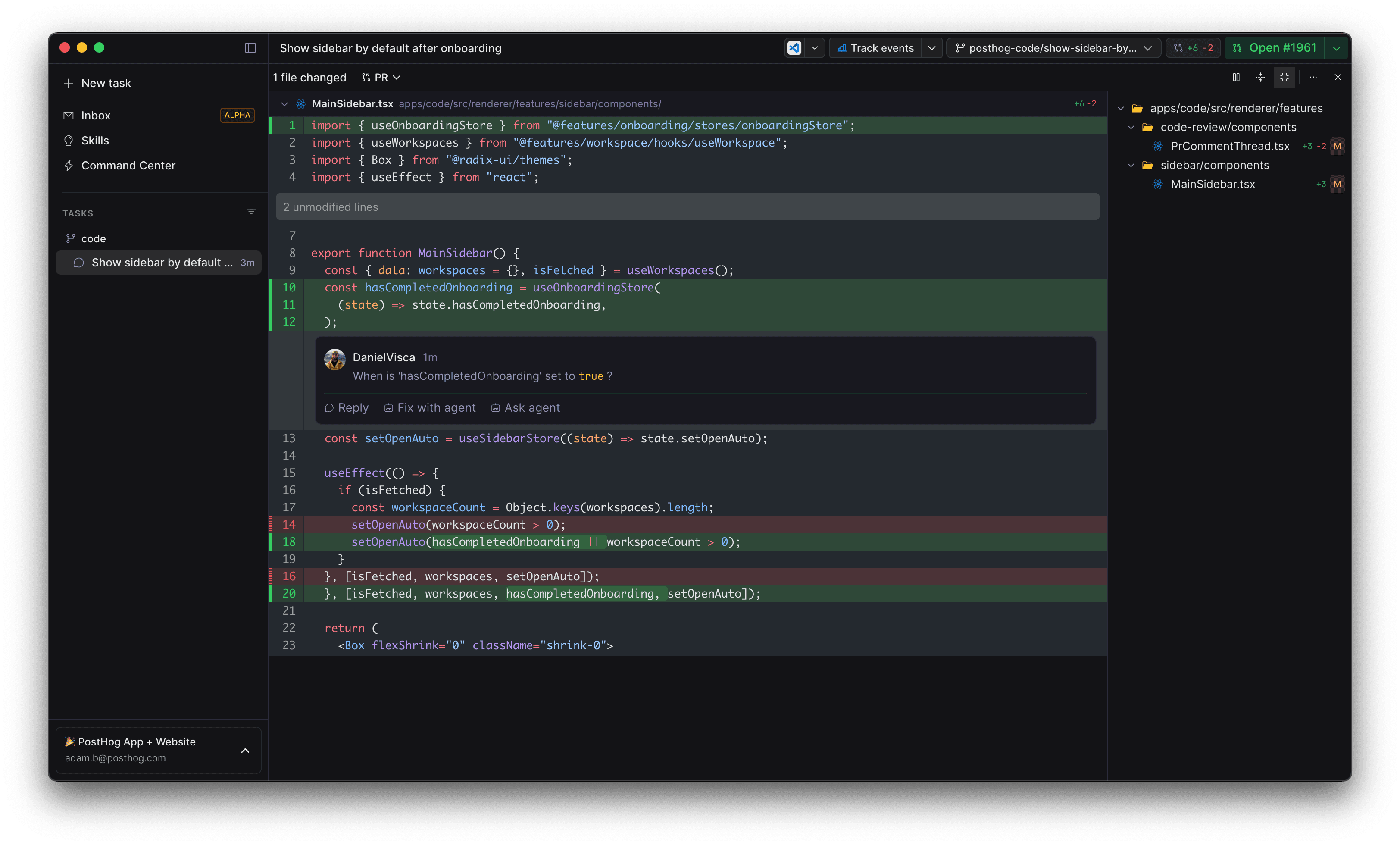 GitHub PR review comment shown inline with Fix and Ask actions