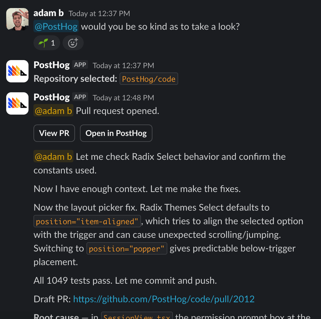 A PostHog Code task running in a Slack thread