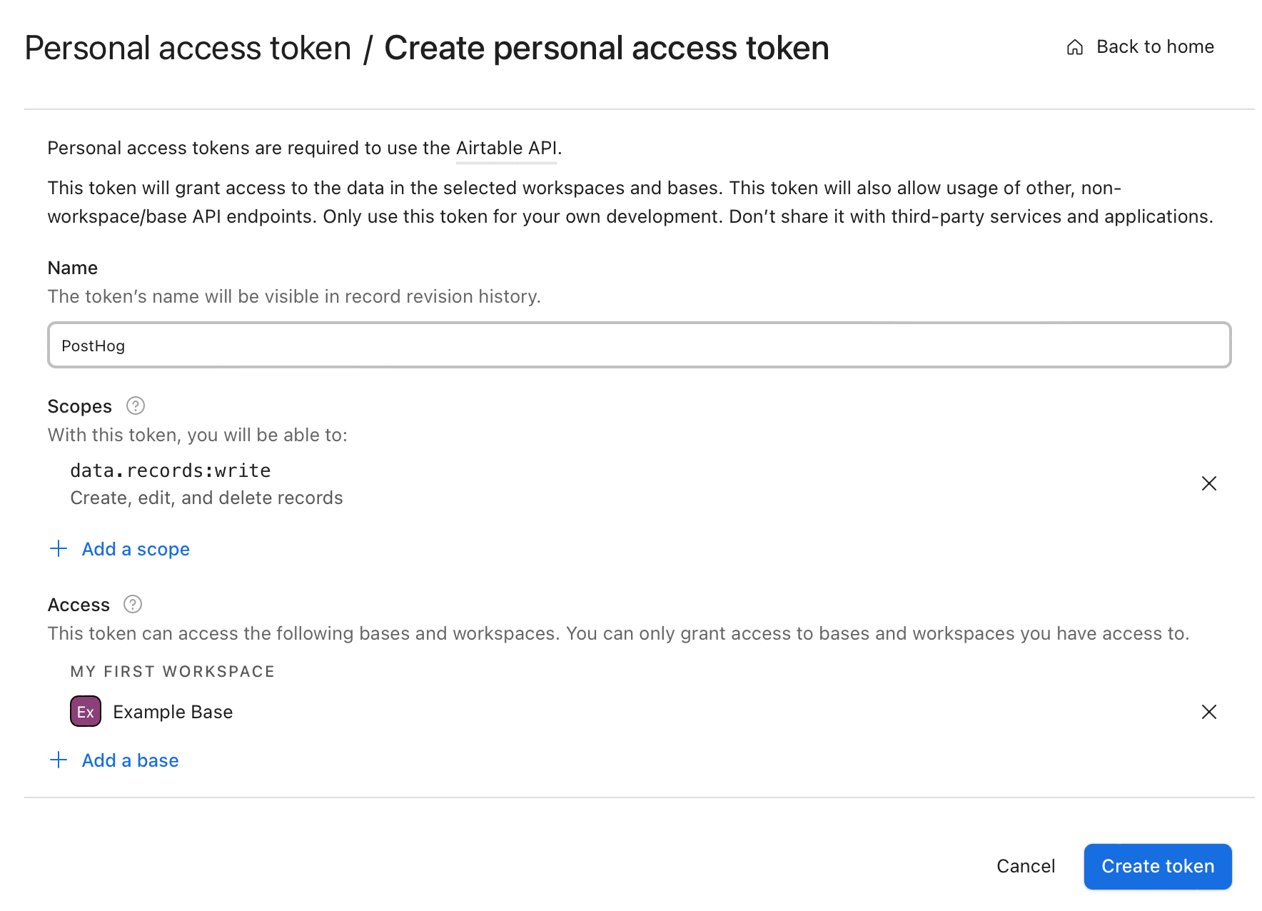 Airtable token configuration