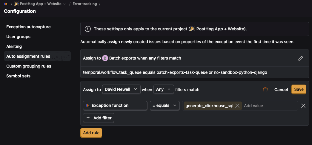 Error tracking auto assignment rules