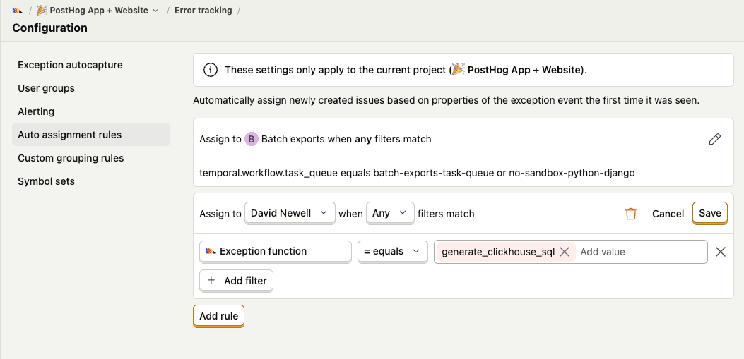 Error tracking auto assignment rules
