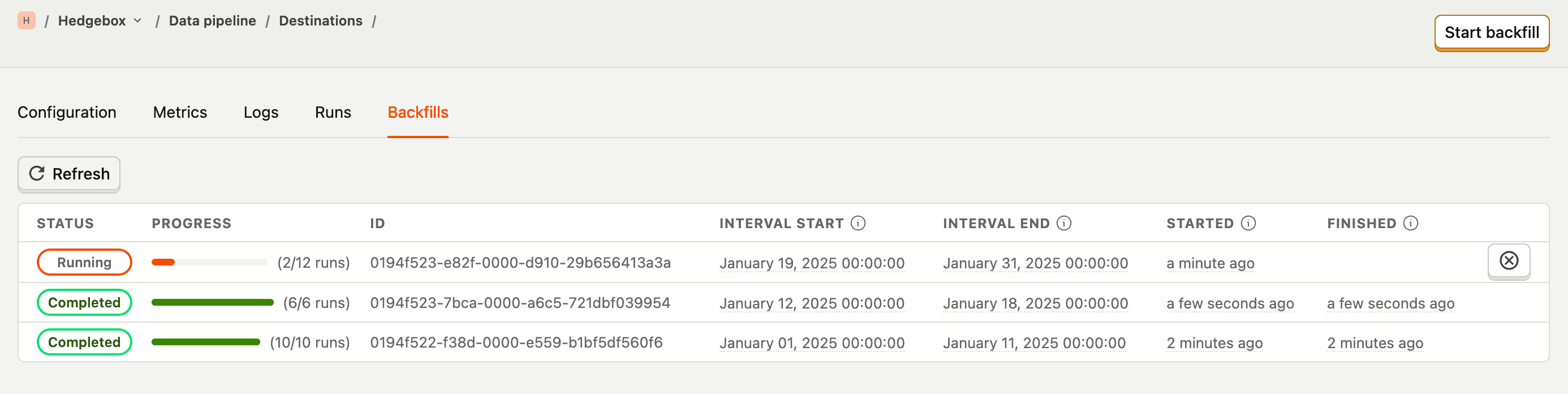 batch exports backfills ui