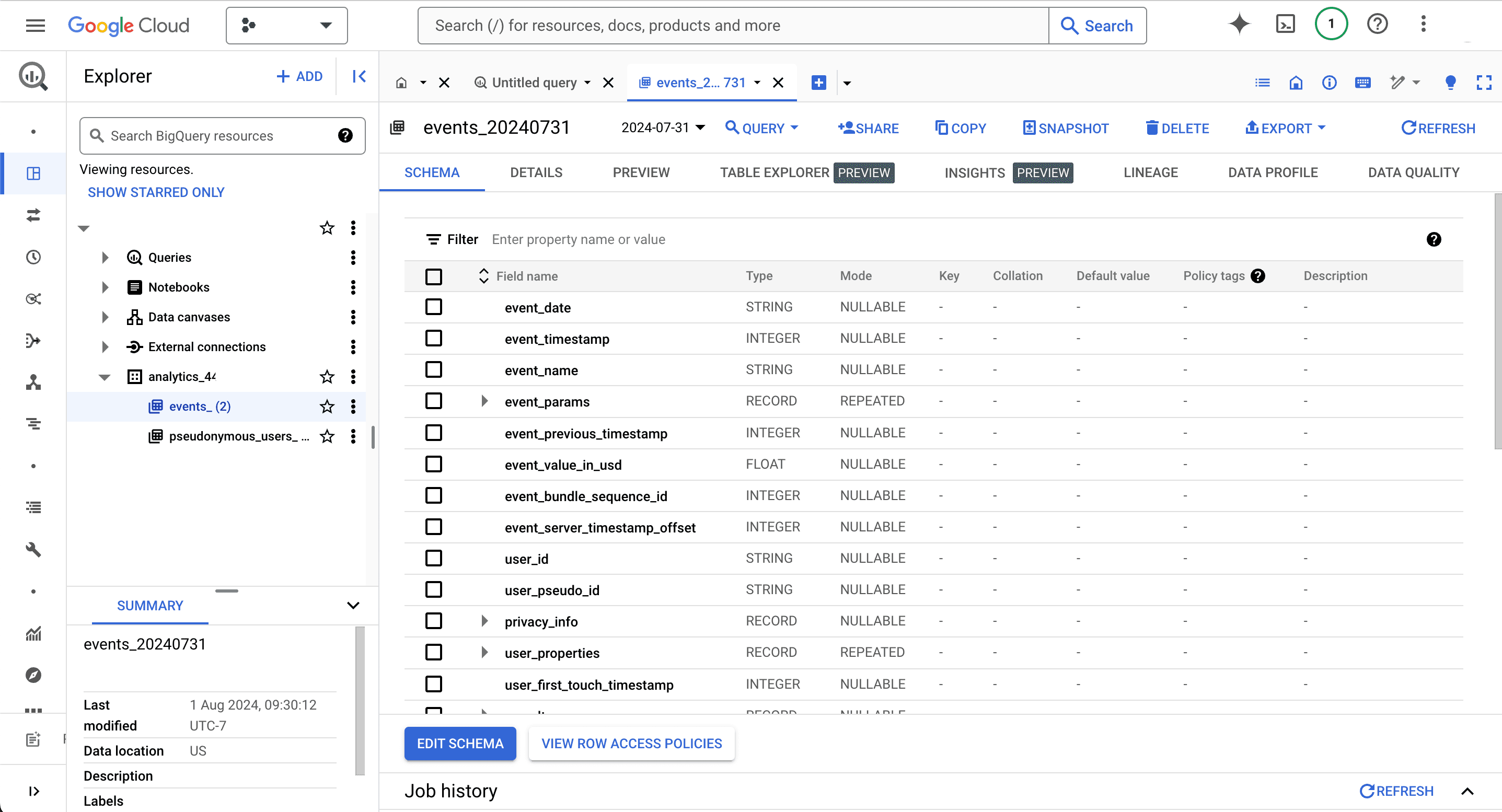 BigQuery events table