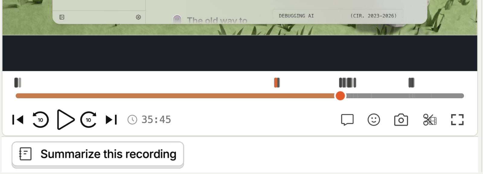 The bottom of the replay player: the seek bar, the transport controls, and the row of capture and comment buttons
