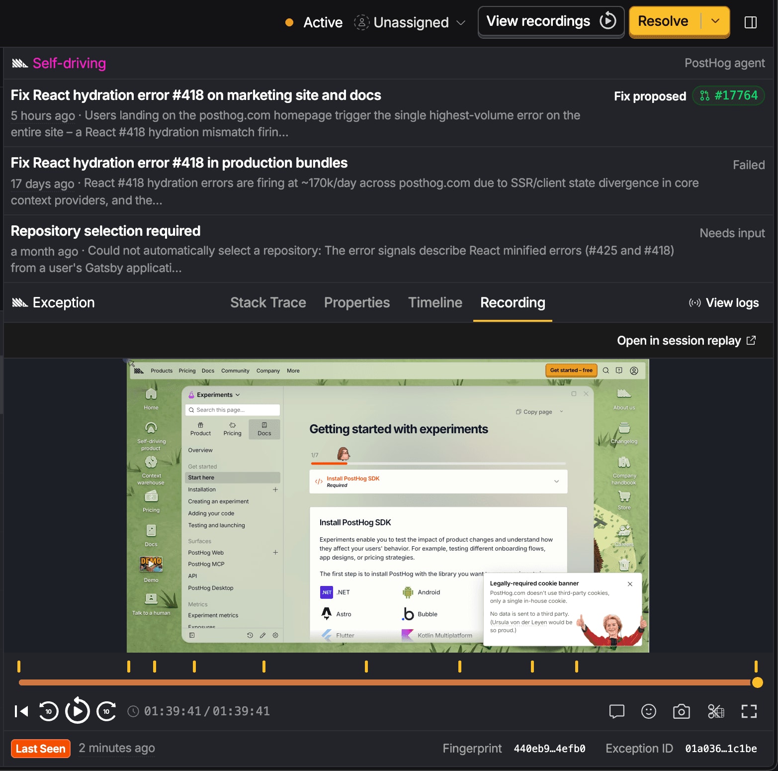 An Error Tracking issue, with the button for every recording of the issue above and the Recording tab for this one exception below