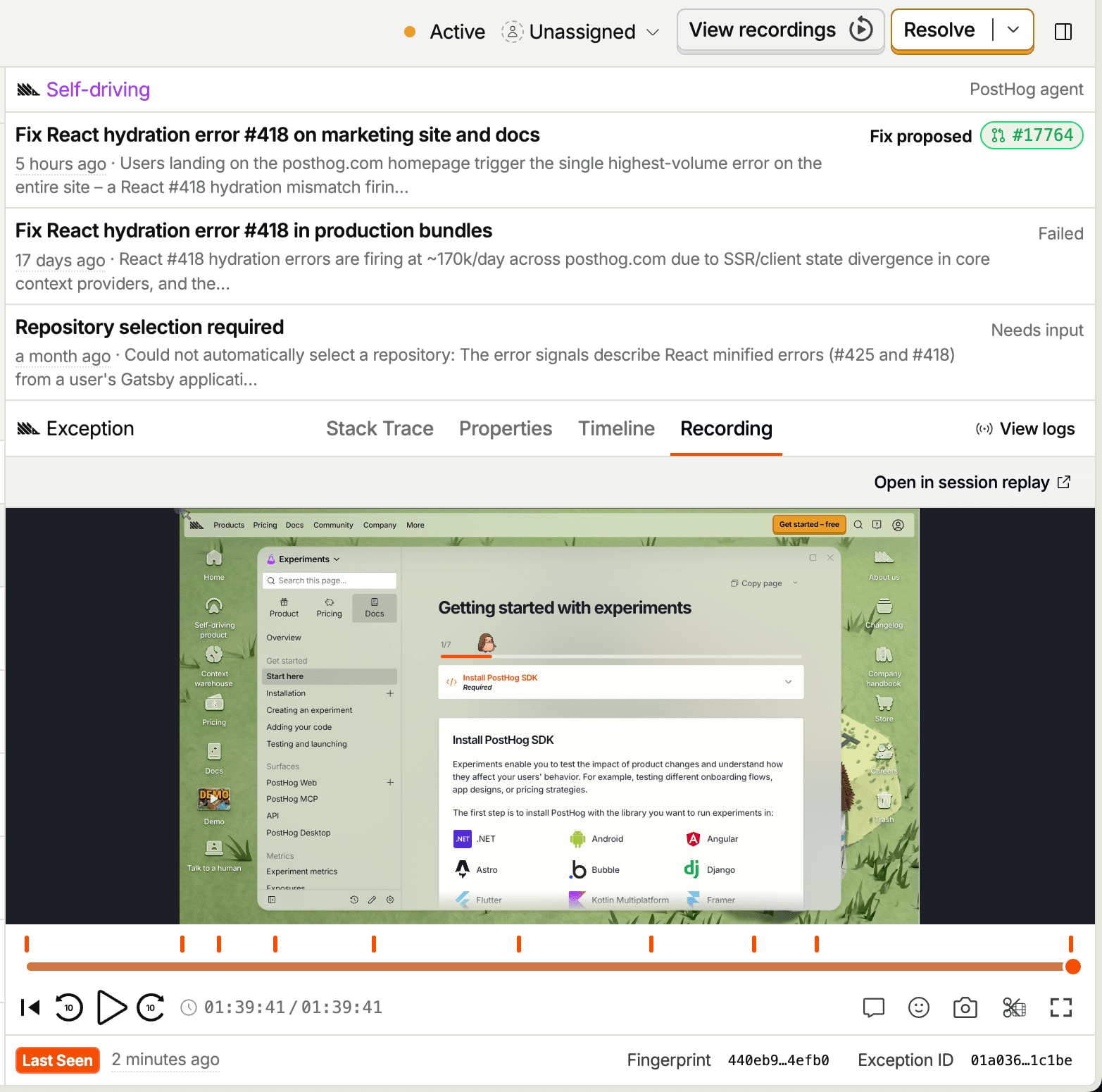 An Error Tracking issue, with the button for every recording of the issue above and the Recording tab for this one exception below