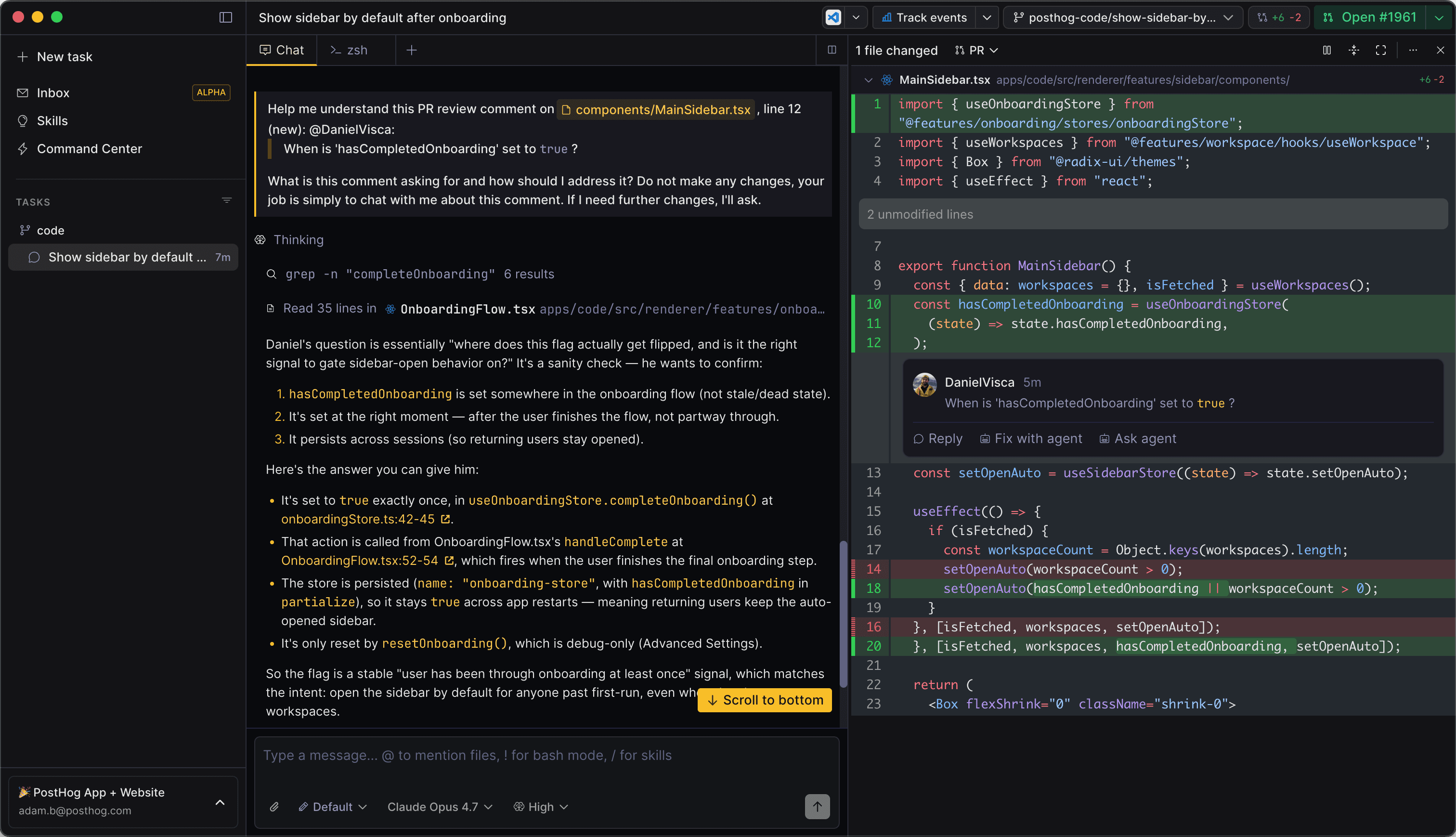 Diff panel in PostHog Code