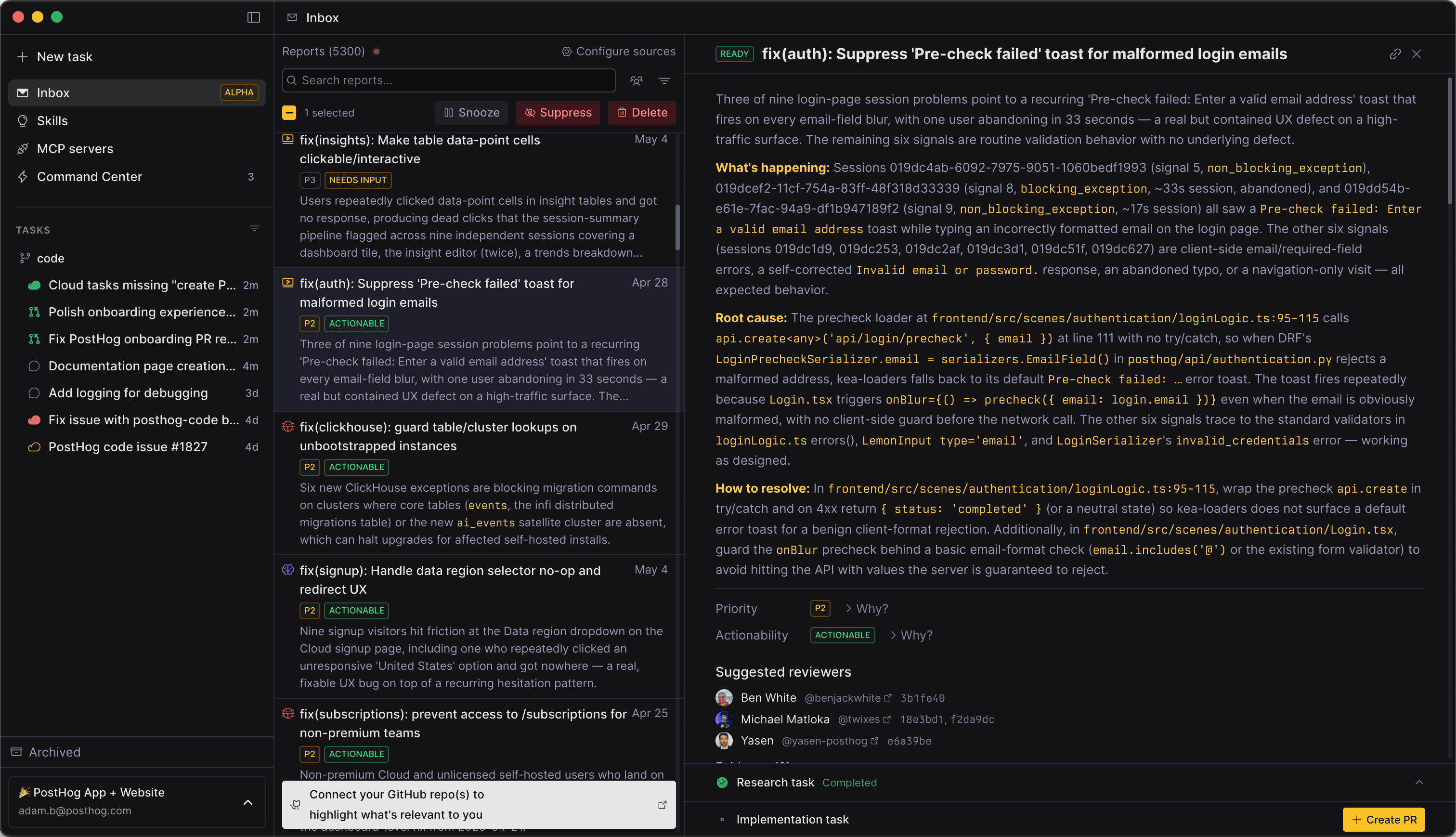 The PostHog Code Inbox with researched and actionable reports