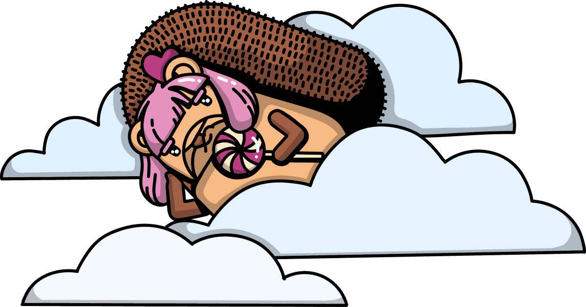 A hedgehog in a pink wig lounging on a cloud with a candy swirl