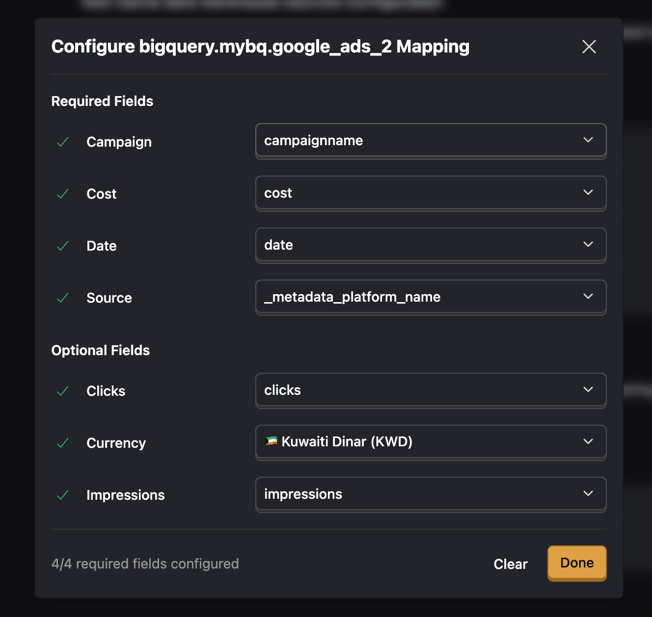 Configuring data warehouse source mapping with required and optional fields