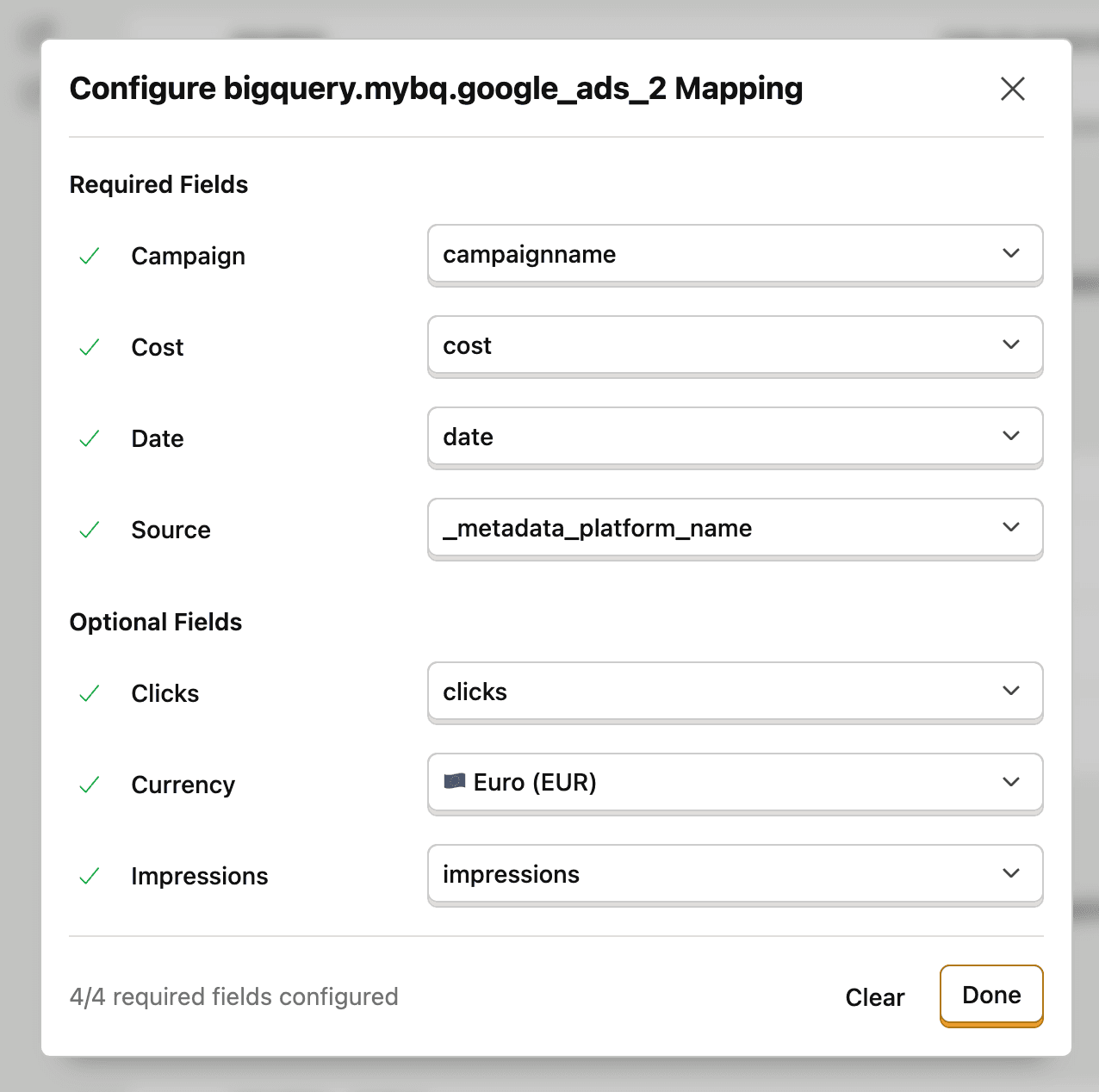 Configuring data warehouse source mapping with required and optional fields