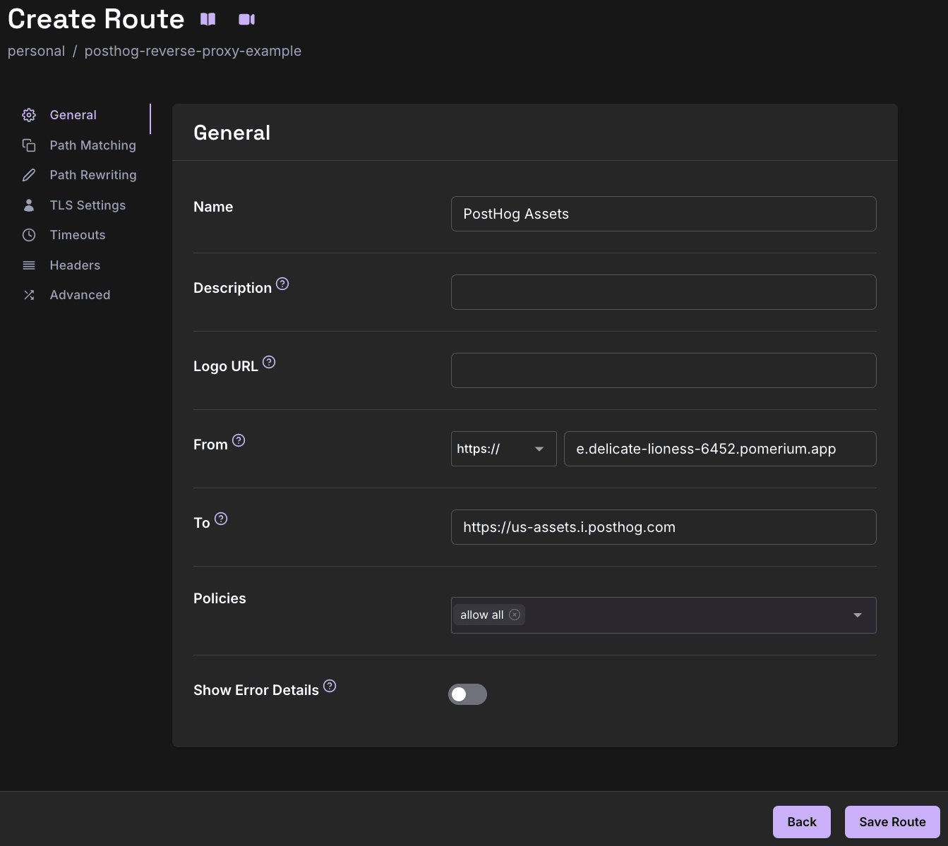 Pomerium Zero create route form with settings for the PostHog assets route configuration
