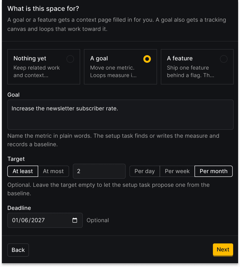 The "What is this space for?" form with a goal, a target, and a deadline