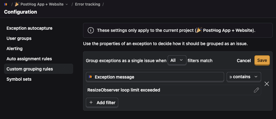 Error tracking custom issue grouping