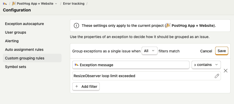 Error tracking custom issue grouping