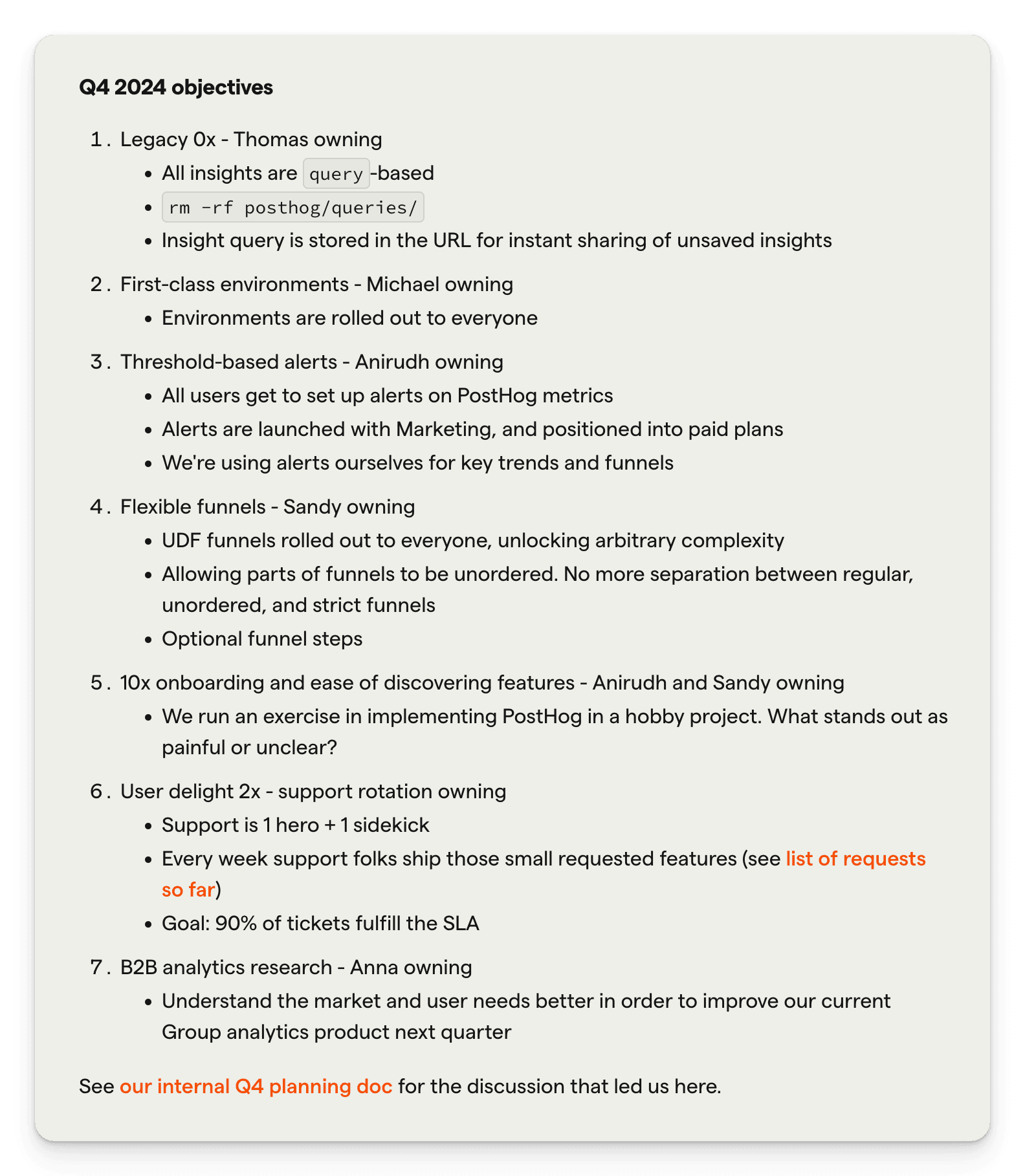 Example of product analytics team's Q4 objectives