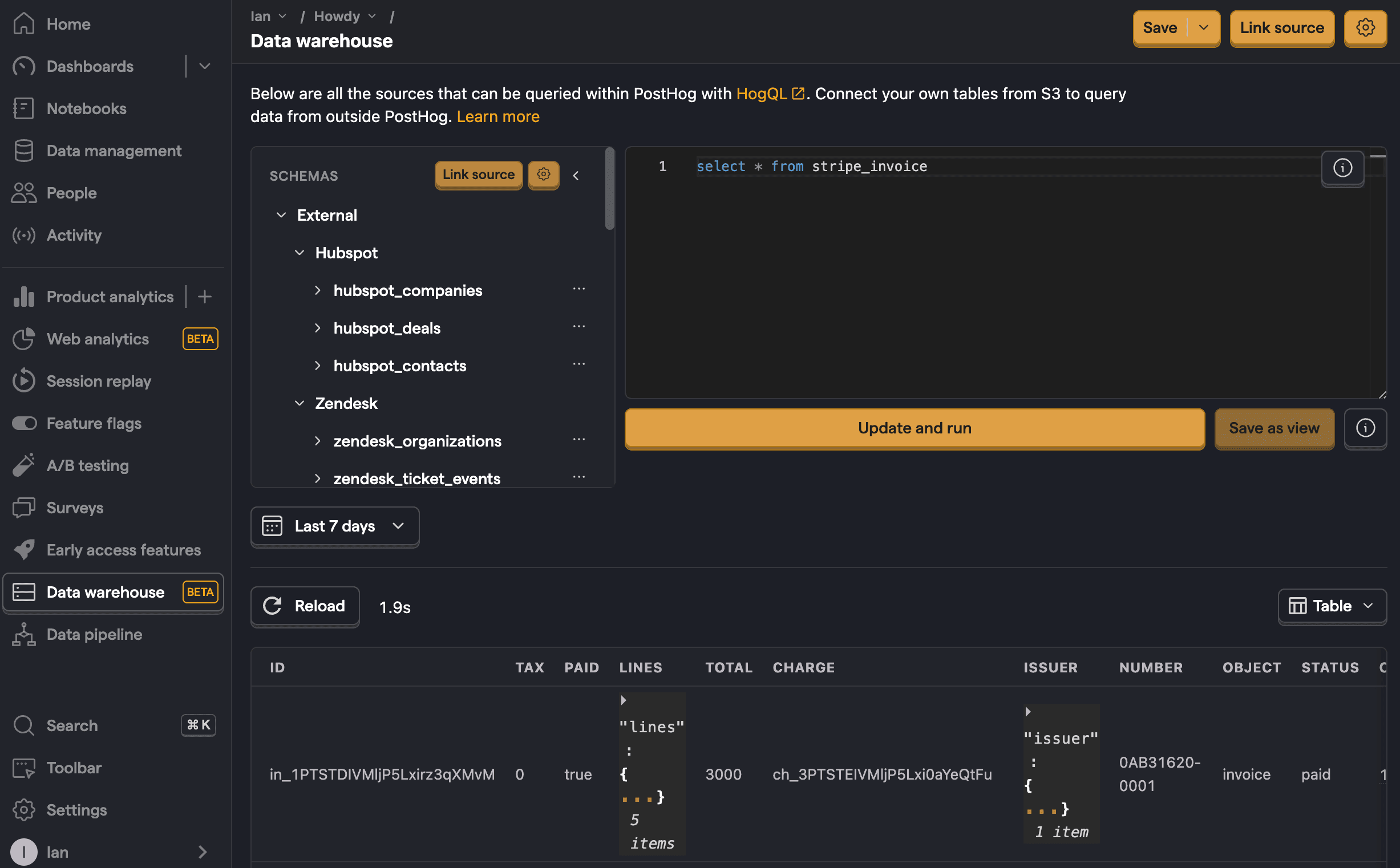 Data warehouse tab in PostHog app