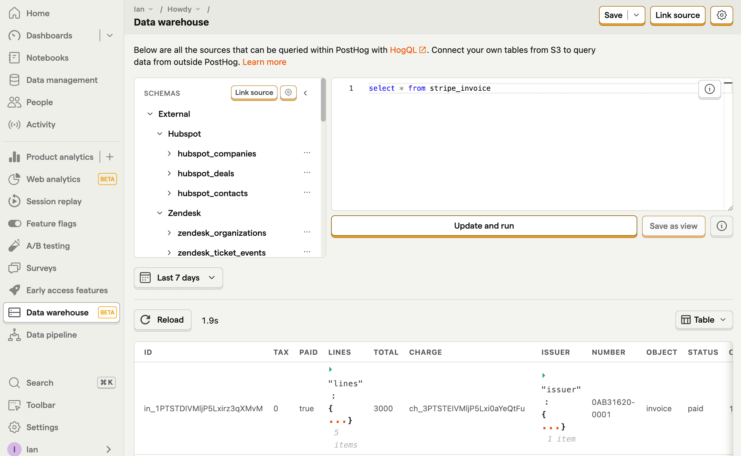 Data warehouse tab in PostHog app