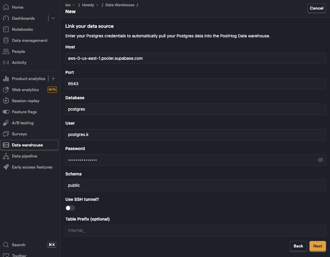 Supabase data warehouse link setup in PostHog