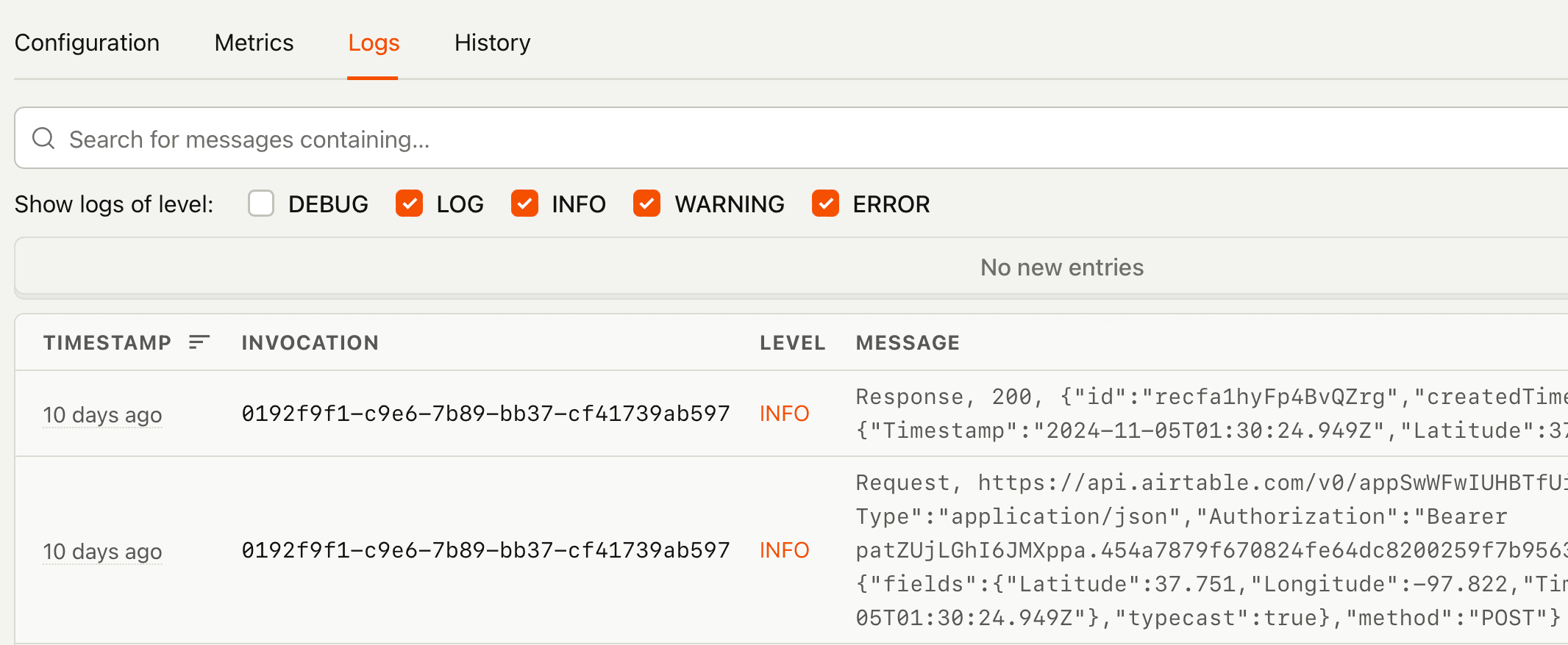 Destination logs