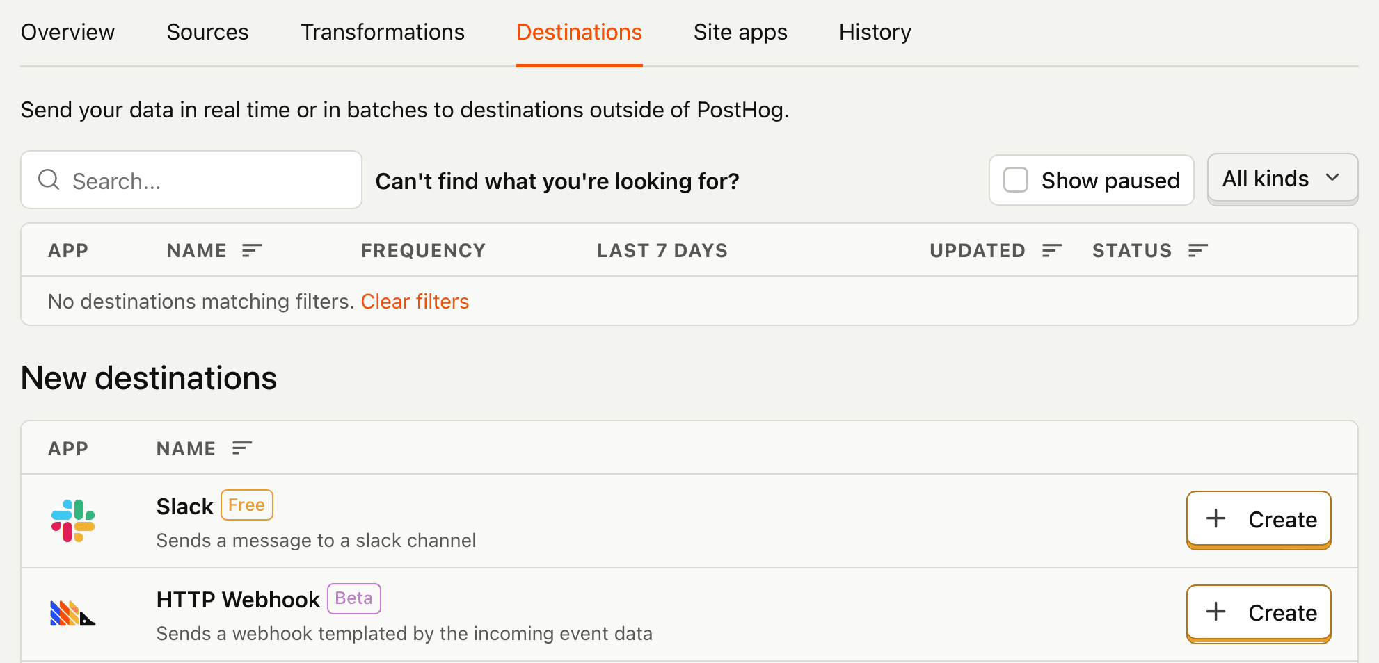 Destinations list in PostHog