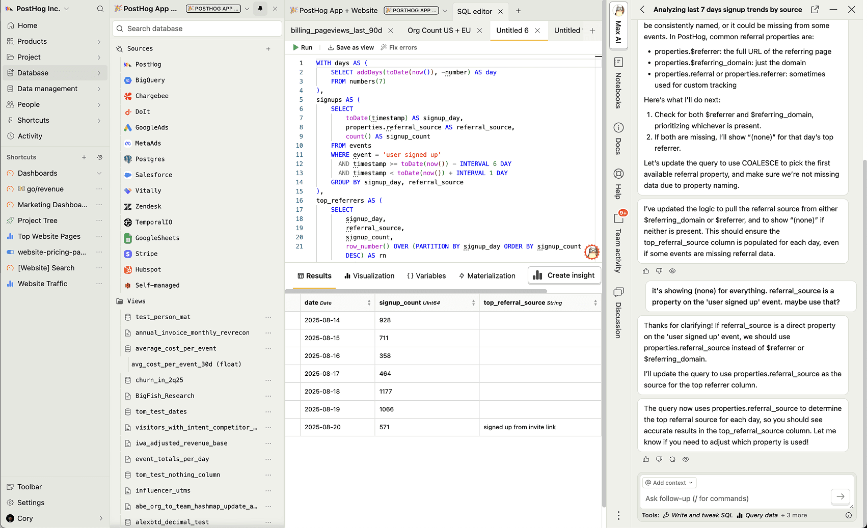 Screenshot of the PostHog data warehouse