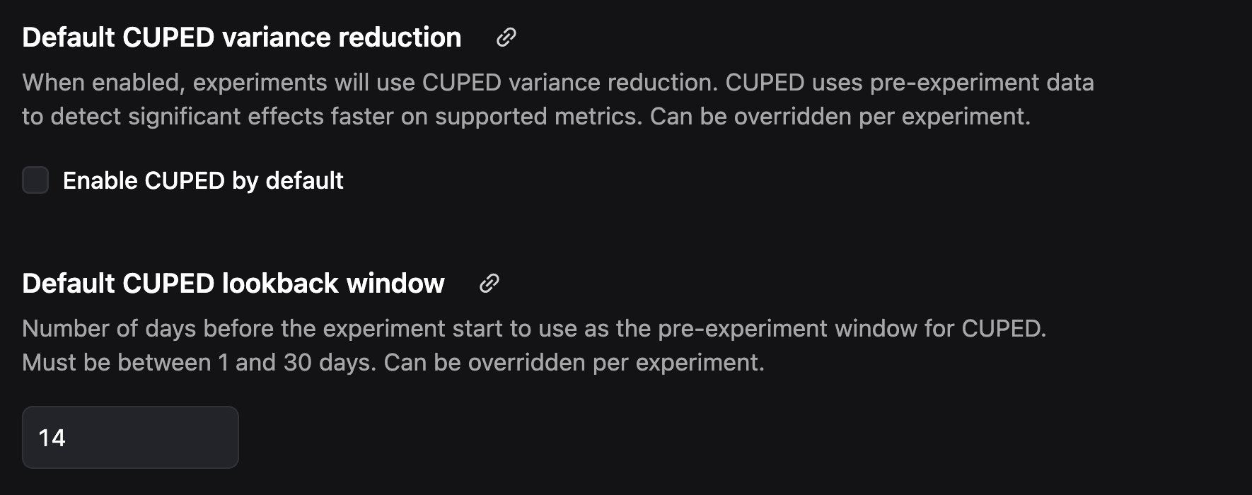Project settings showing the default CUPED variance reduction configuration