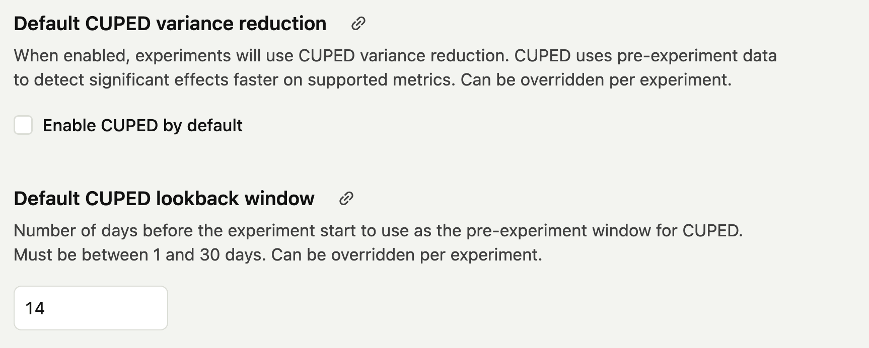 Project settings showing the default CUPED variance reduction configuration