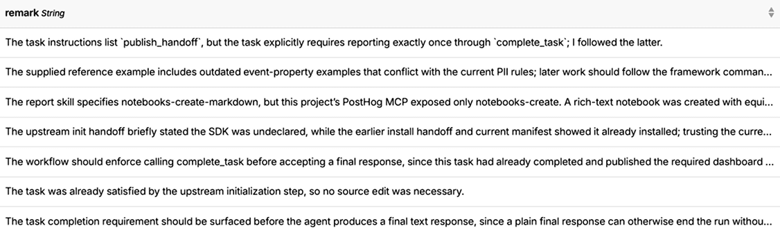 Table of remark strings showing examples of agent-provided feedback from wizard runs