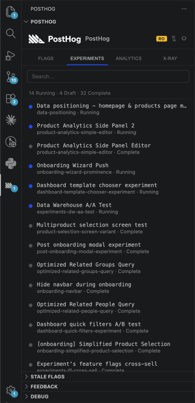 PostHog VS Code extension experiments tab in the sidebar
