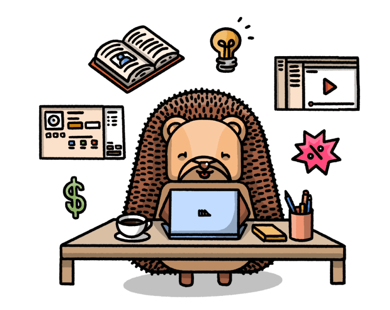 A hedgehog at a desk surrounded by charts