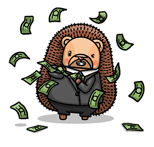 A hedgehog showered in the money it saved on tokens