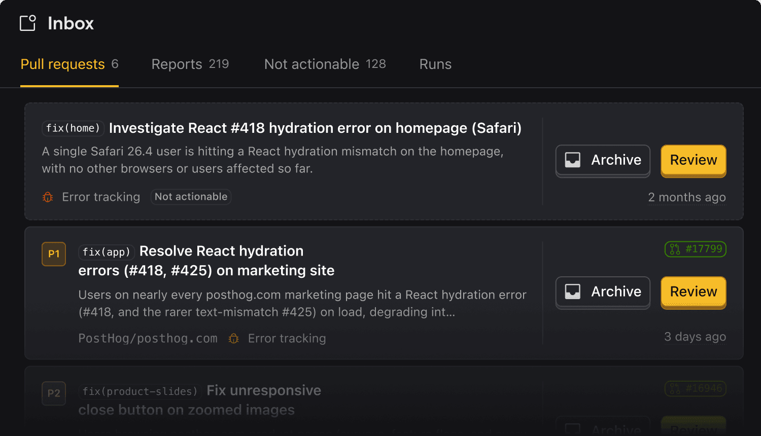The Inbox surfacing reports and pull requests across PostHog Code and the cloud