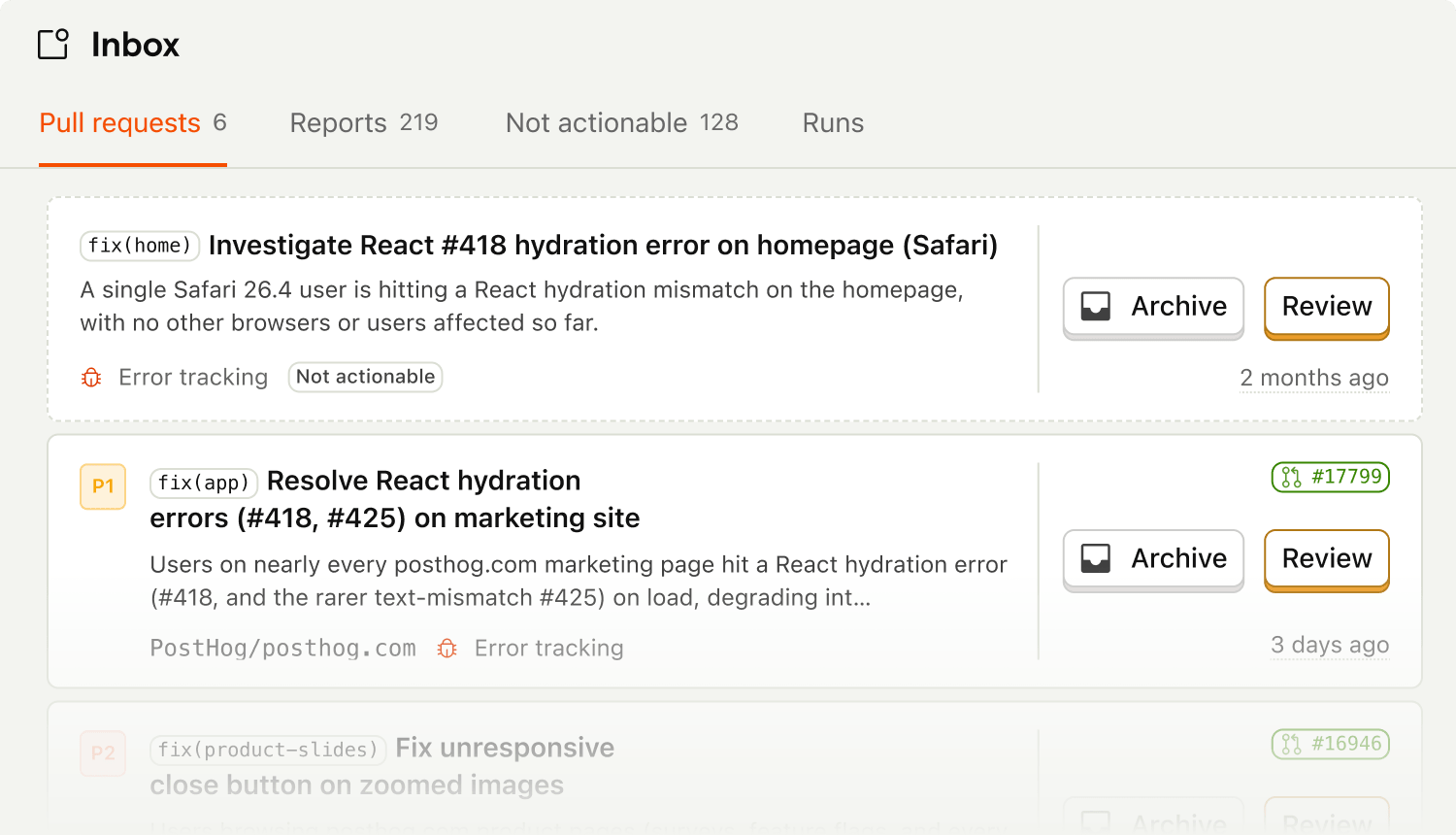 The Inbox surfacing reports and pull requests across PostHog Code and the cloud