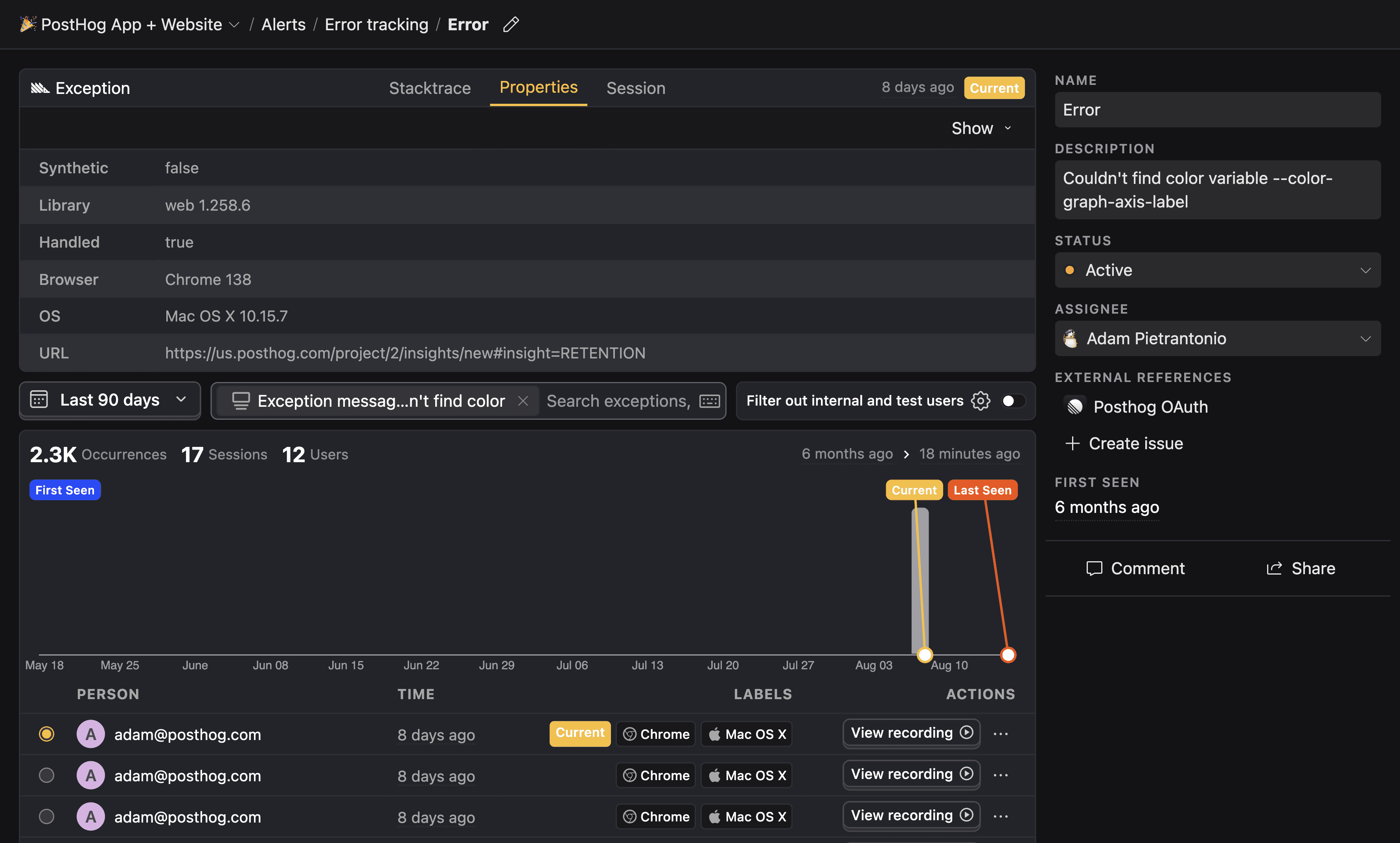 Error tracking event properties