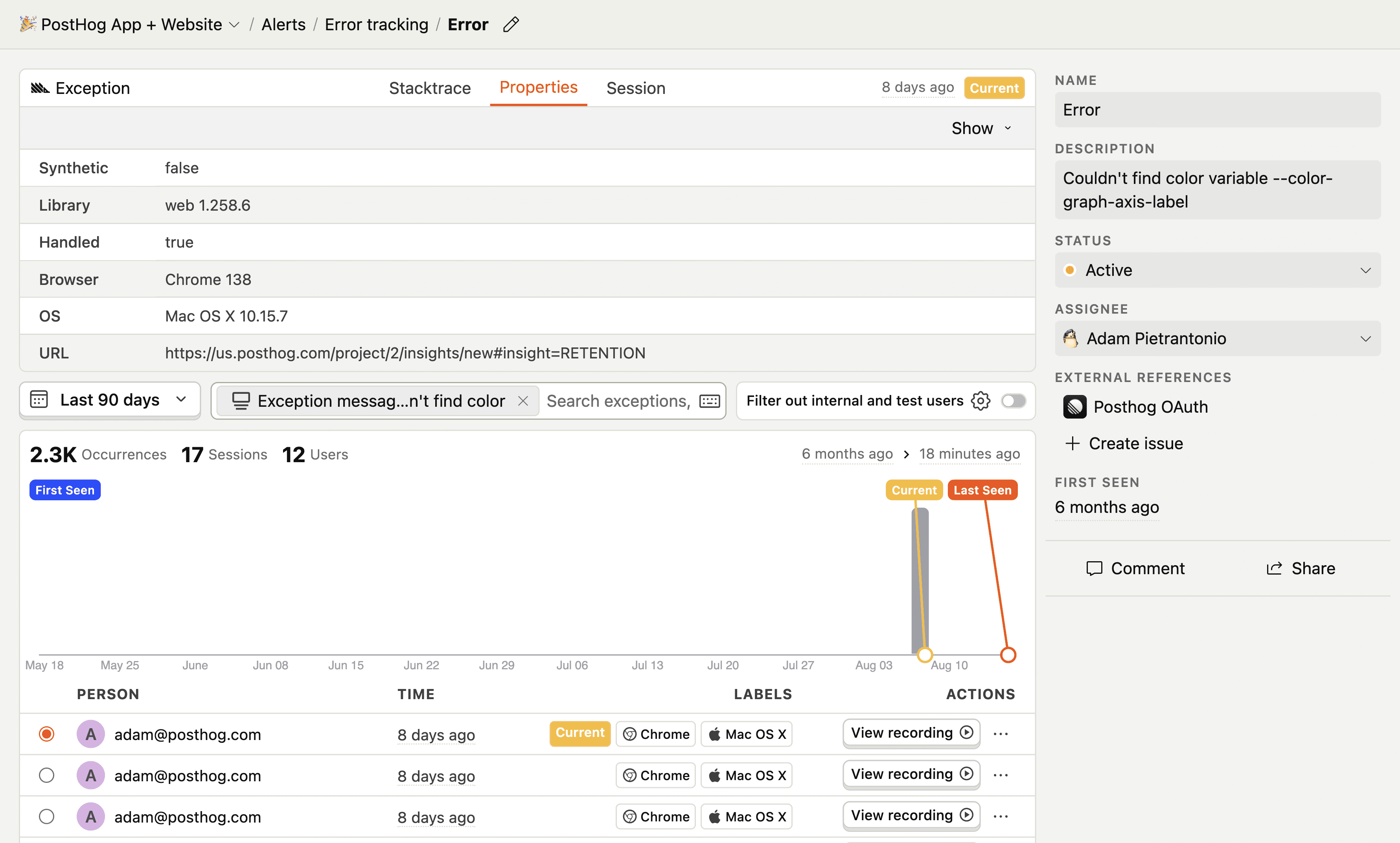 Error tracking event properties