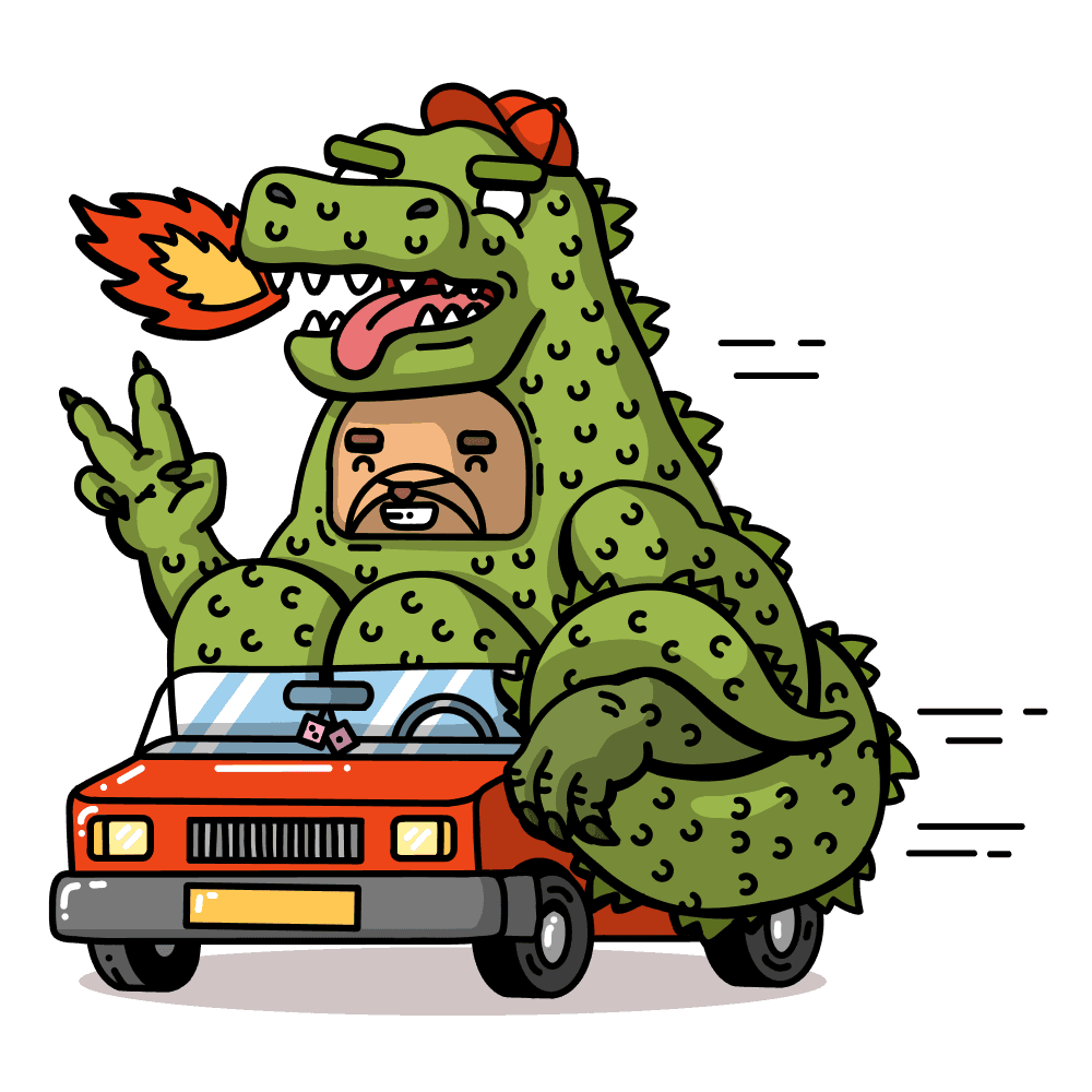 Hogzilla tearing through town in a convertible