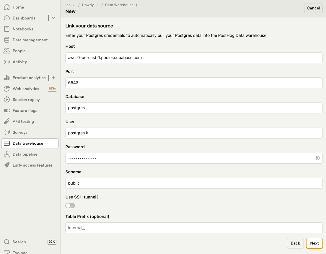 Supabase data warehouse link setup in PostHog