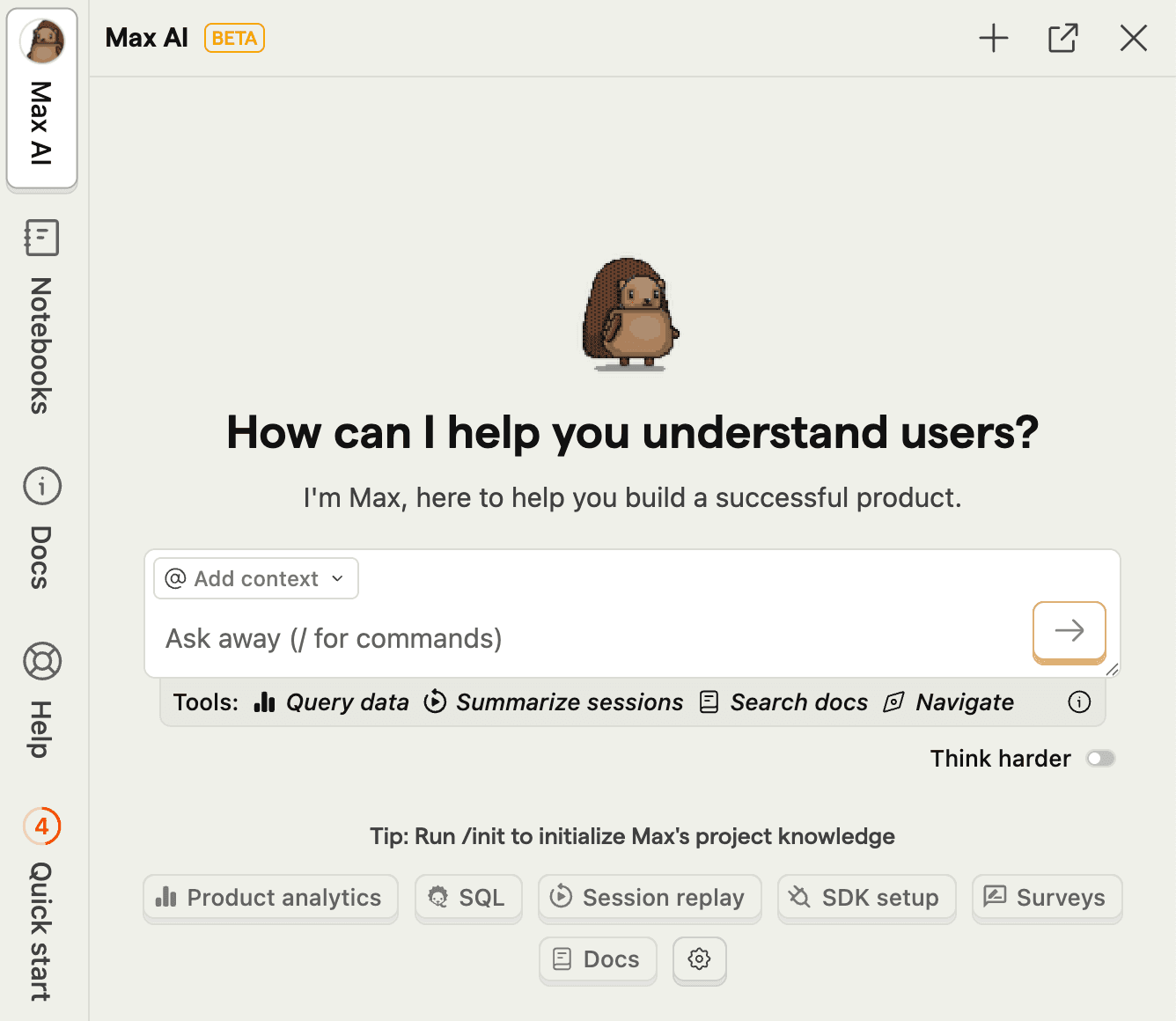 Open Max in the right-hand sidebar