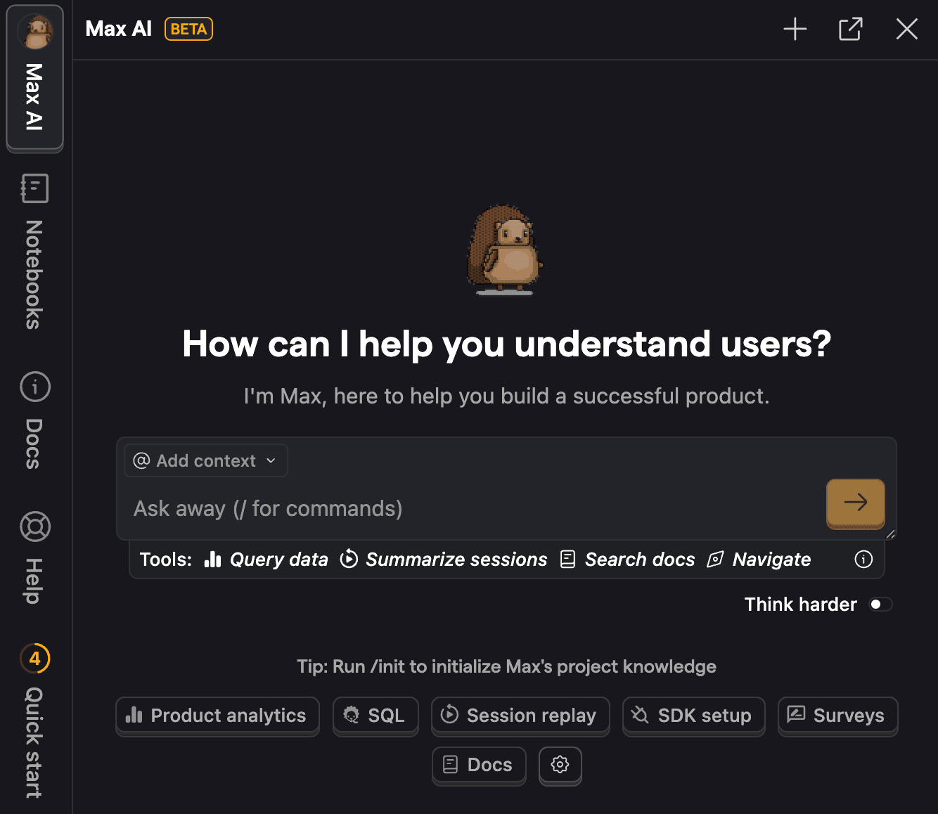 Open Max in the right-hand sidebar