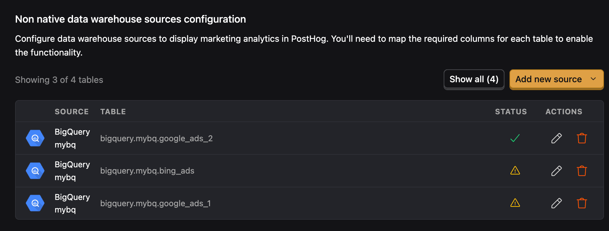 Non-native data warehouse sources configuration
