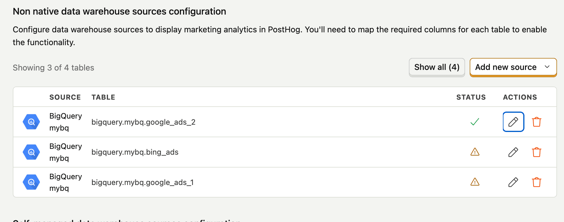 Non-native data warehouse sources configuration