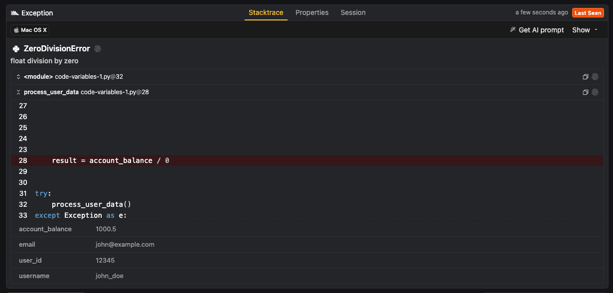 Error tracking code variables
