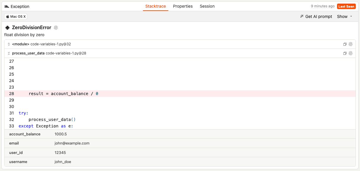Error tracking code variables